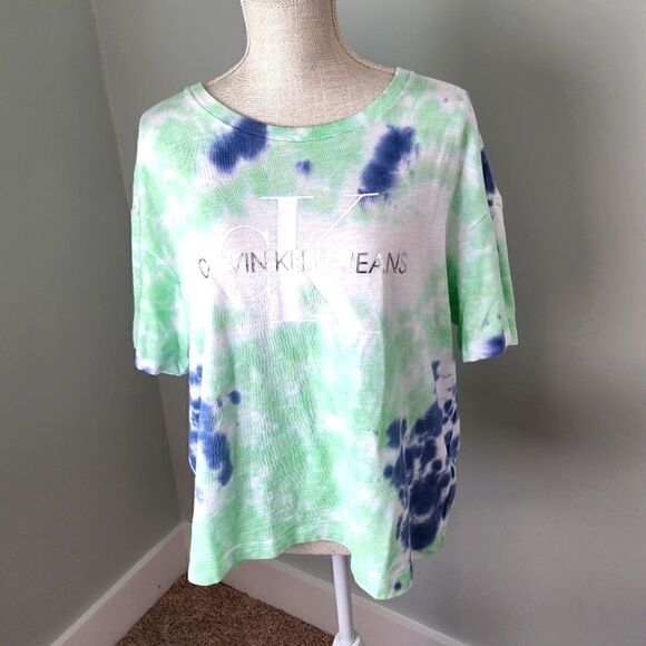 CALVIN KLEIN WOMEN JEANS TEE TIE DYE CROP TOP SHIRT SIZE XL - Picture 1 of 6